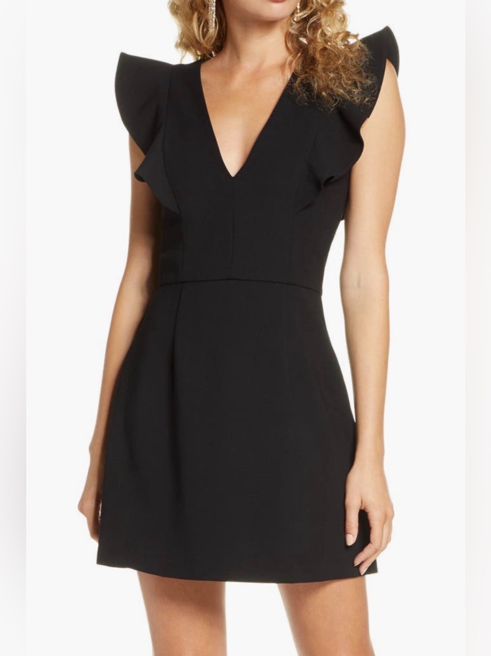 French Connection Black V-Neck Ruffle Sleeve Dress